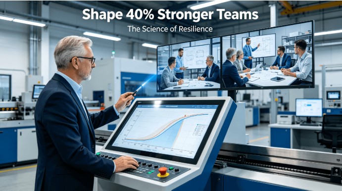 A leader connects the principles of metal bending, visualized by a real-time stress-strain curve on a machine, to the dynamics of a high-performing team, illustrating the scientific approach to forging 40% stronger, more resilient groups.